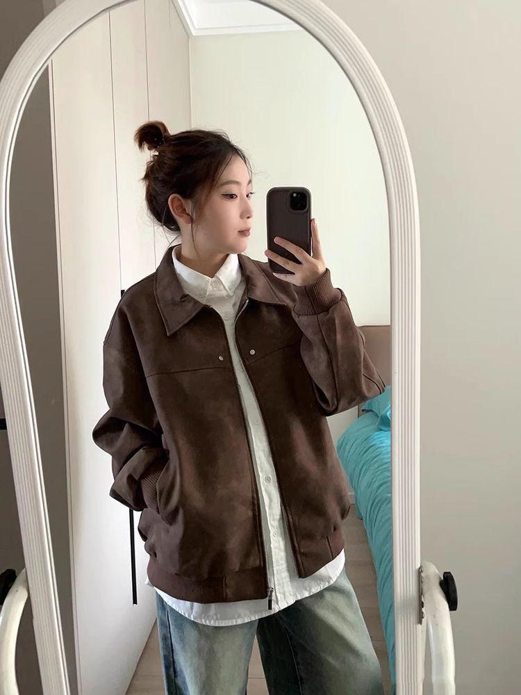 Женская куртка из высококачественной американской ретро-кожи коричневого цвета - Модная осенне-зимняя свободная парная верхняя одежда