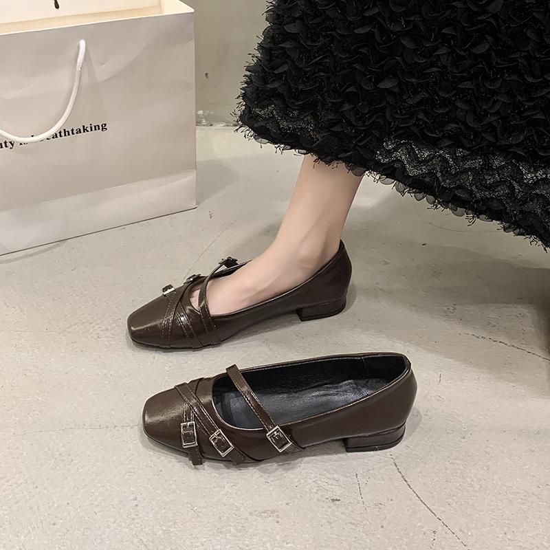 Fashion Women's Coarse Heel Shoes Autumn New Square Head Shallow Mouth Belt Buckle Soft Sole Anti-slip Wear-resistant Low-top Shoes