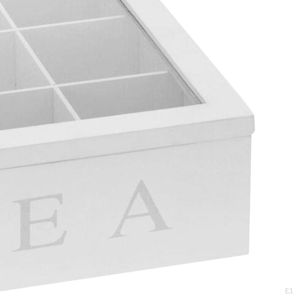 Wooden Tea Storage Box, Wood Organizer, 9-Compartment Case Holder with Clear Lid for S, Sugar,