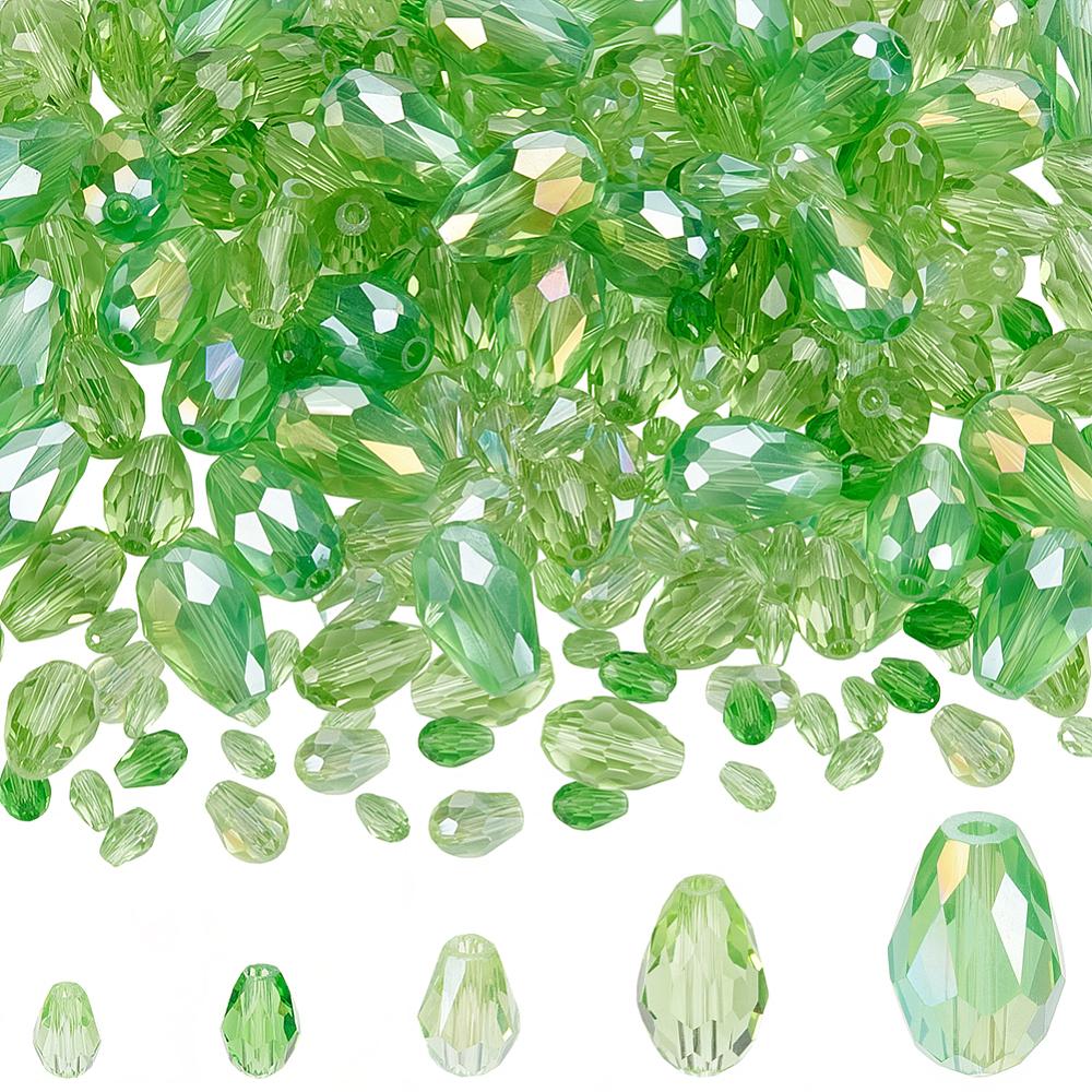 280Pcs 6 Styles Faceted Glass Beads Strands Teardrop Green 5~15x3~10mm Hole: 0.5~2mm
