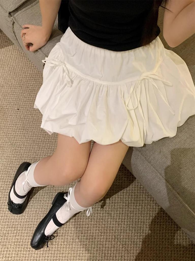 Women's Summer White A-Line Bow Tie Puff Tulip Midi Skirt