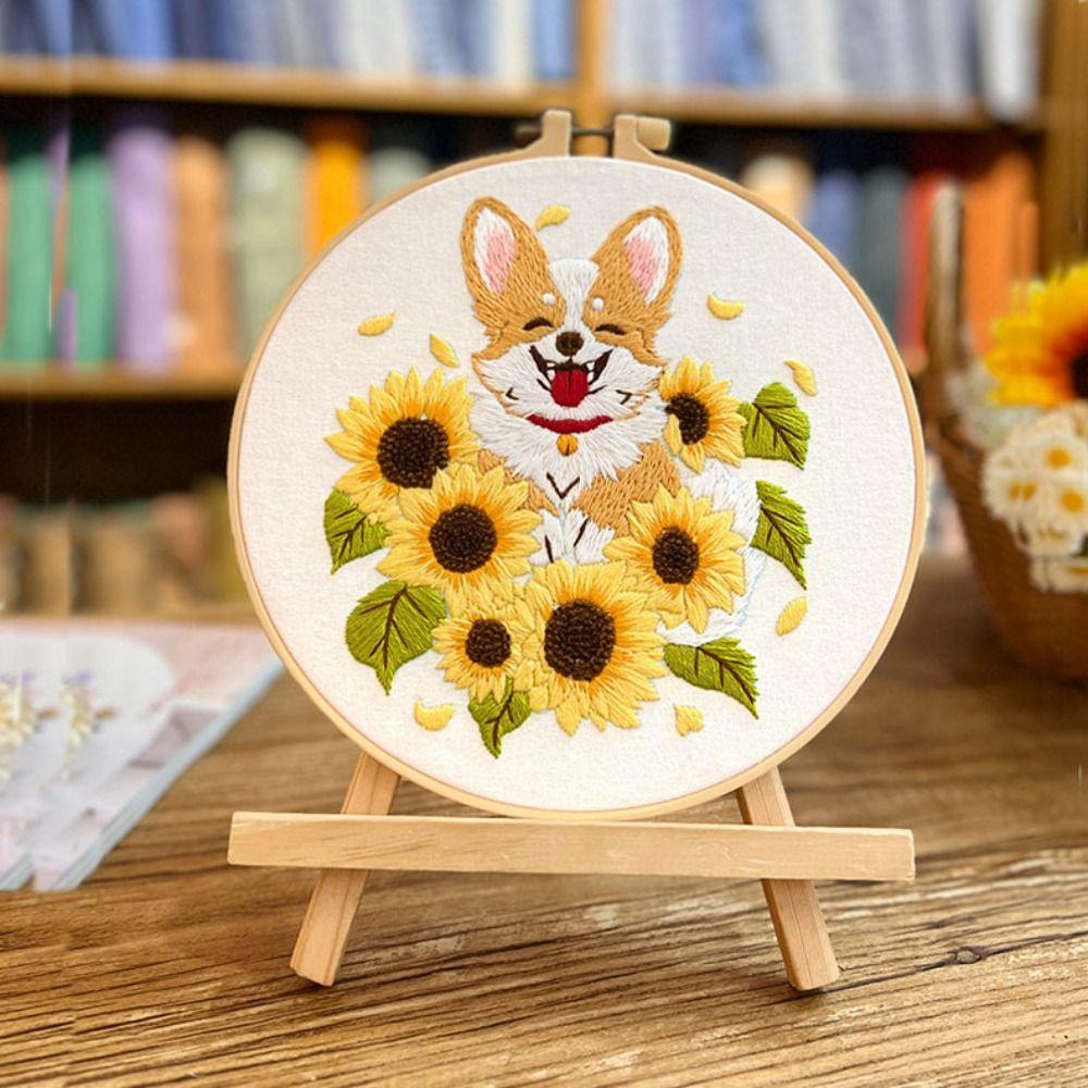 Floral Patterns Cross Stitch Set Corgi Embroidery Set Home Decor Dog Embroidery Kit Beginner