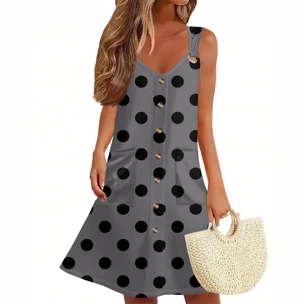Women's Summer Dress With Pocket Sleeveless Polka Dot Print Sundress