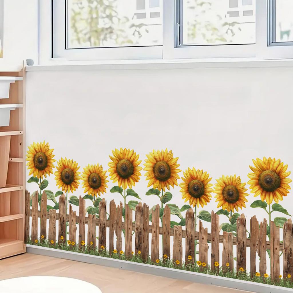 Наклейки в деревенском стиле - Наклейки на стену 'Подсолнух и забор' - Свежие элементы - Самоклеящиеся - Без следов