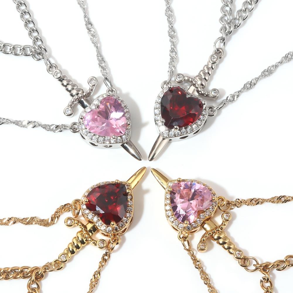 New Geometry Zircon Sword Heart Pendant Double layer Necklace Women's Trendy Fashionable Versatile Sweet Exquisite Jewelry Gift