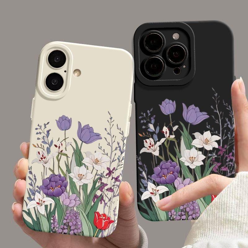 Фиолетовый цветочный узор Чехол для телефона Для iPhone 16 16E 15 14 13 12 11 Pro Max XR X XS 12 Mini 16E 7 8 Plus Силиконовый чехол