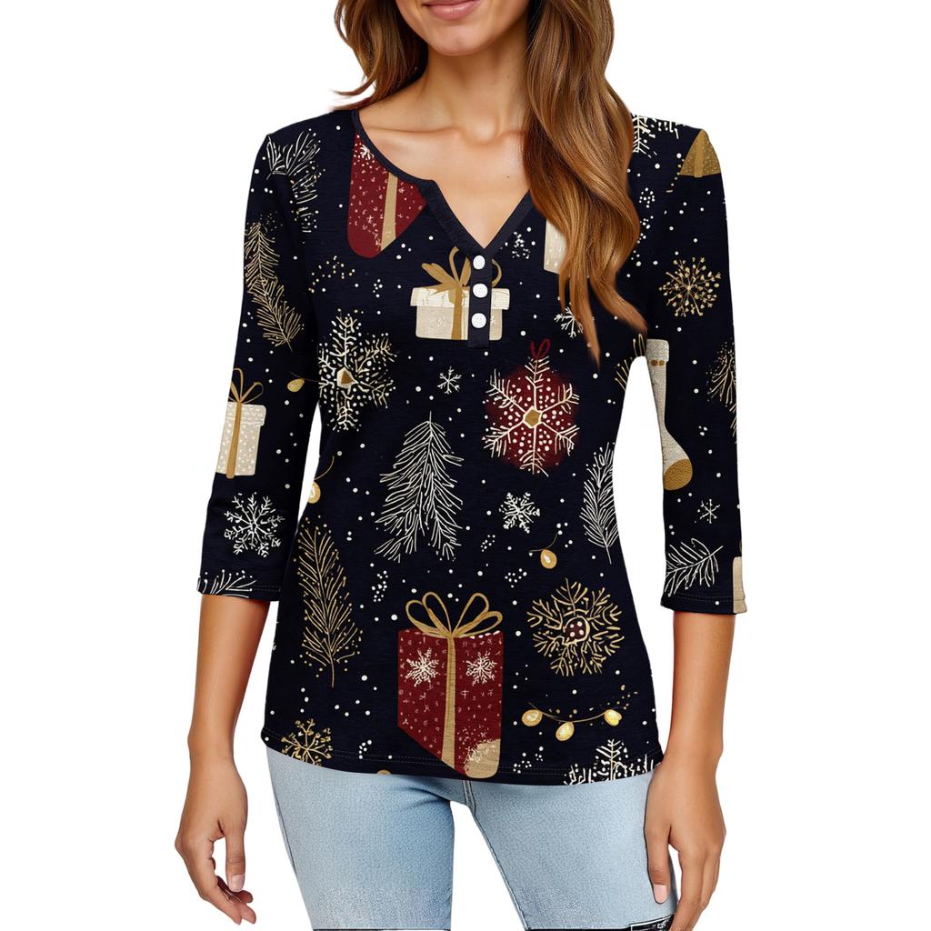 Женская модная повседневная футболка с принтом рождественской елки, V-образным вырезом, декоративными пуговицами и рукавом три четверти