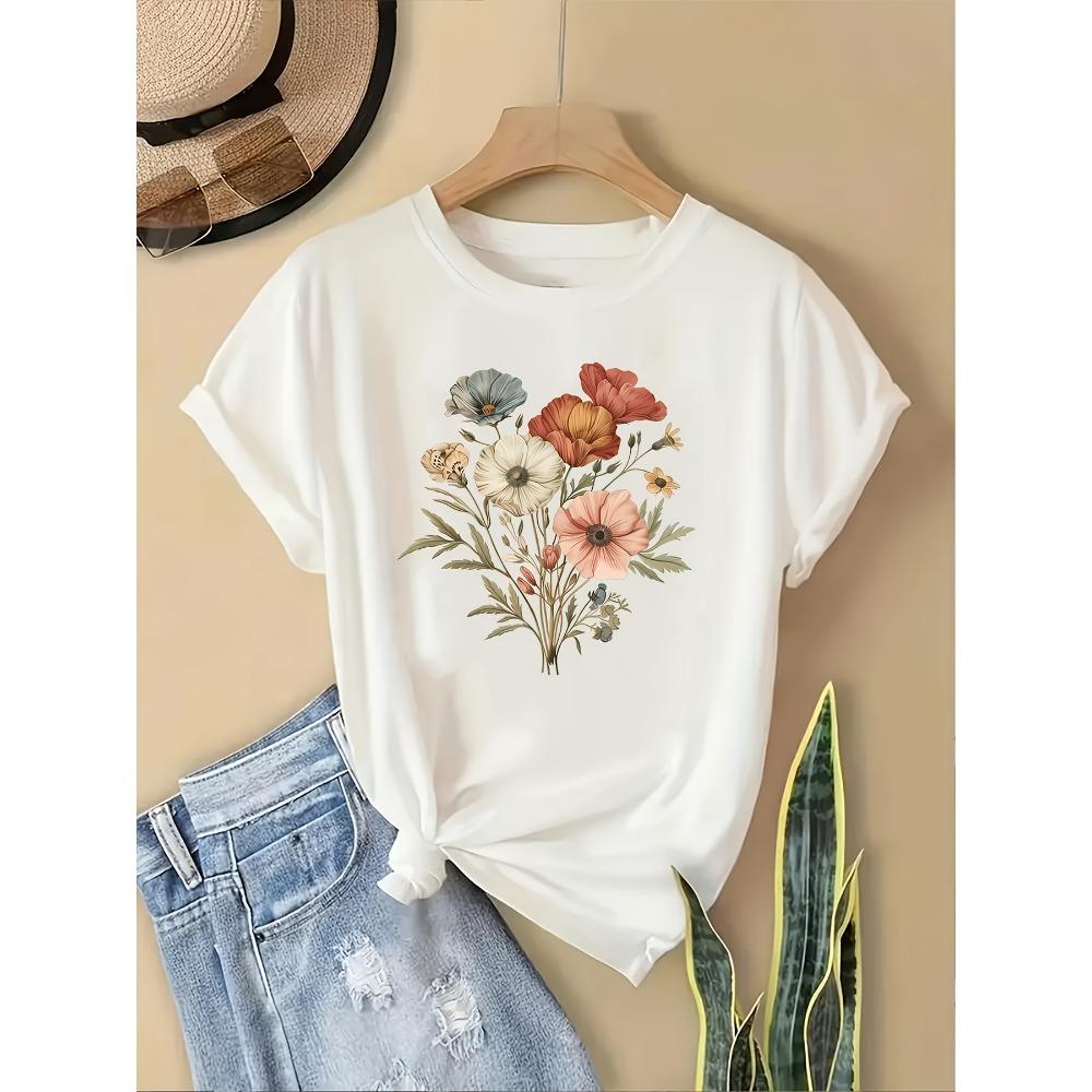 Цветочная модная футболка дышащий полиэстер женская повседневная с круглым вырезом короткий рукав красочный топ