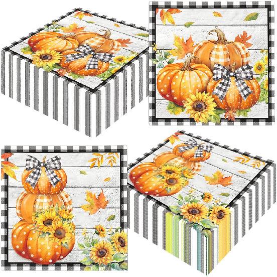 48Pcs Fall Pumpkin Paper Napkin,Fall Party Decorations Autumn Thanksgiving Party Napkin Black and White Buffalo Plaid Pumpkin Table Decorations for