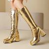Women Knee High Boots Platform Chunky Heels Ladies Gold Boots Silver Shoes Woman