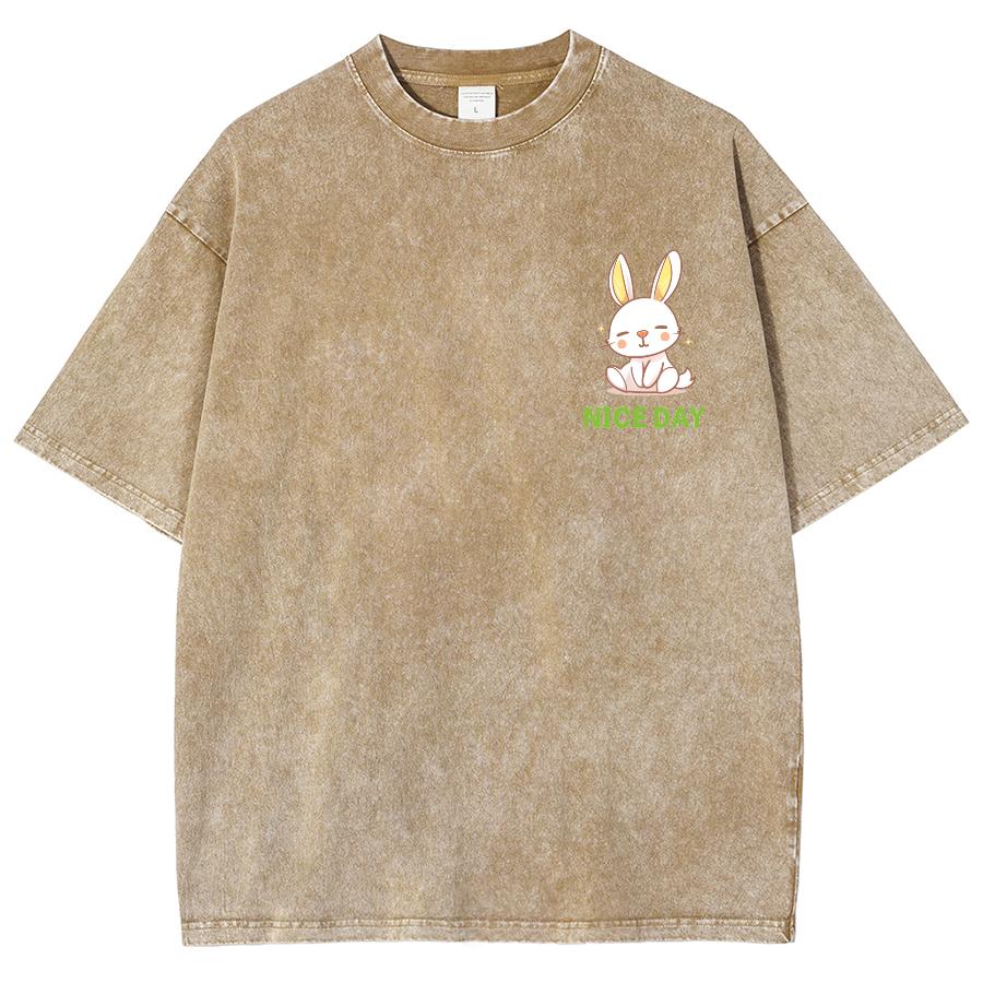 Cute Girly Cartoon Bunny Print Women's T-Shirt Loose Washed Cotton Multicolor Short Sleeve Casual Fashion