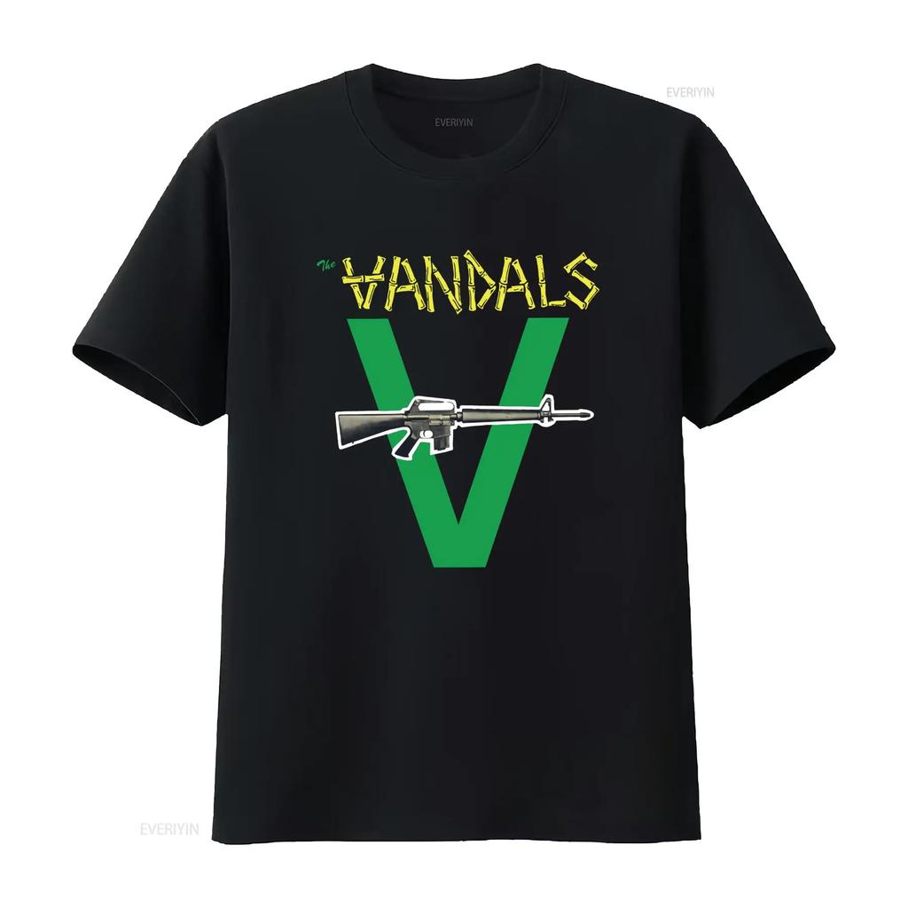 Mens The Vandals Original Logo Green V and Gun Print T Shirt Medium Black vintage Washed streetwear designer clothes