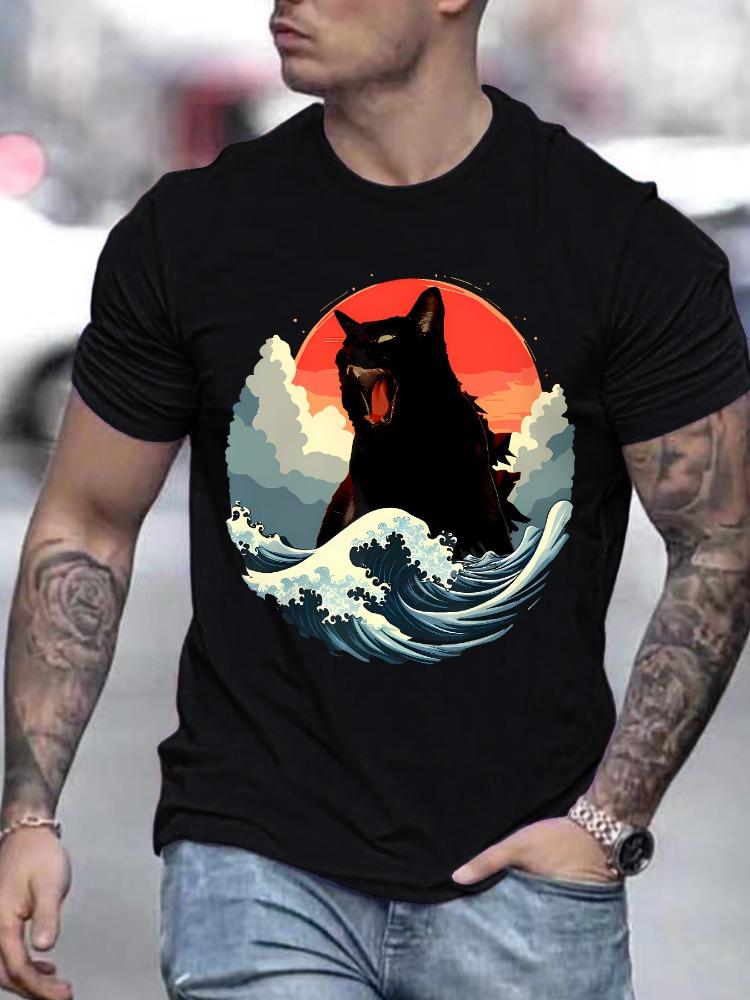 Men O Neck Tee Cat Monster Ocean Wave Sunset Art Print Cotton Short Sleeve Loose Summer Daily C