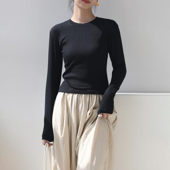 Женская футболка с круглым вырезом и длинным рукавом, облегающая футболка, однотонная, легкая, универсальная, топы, одежда для отдыха