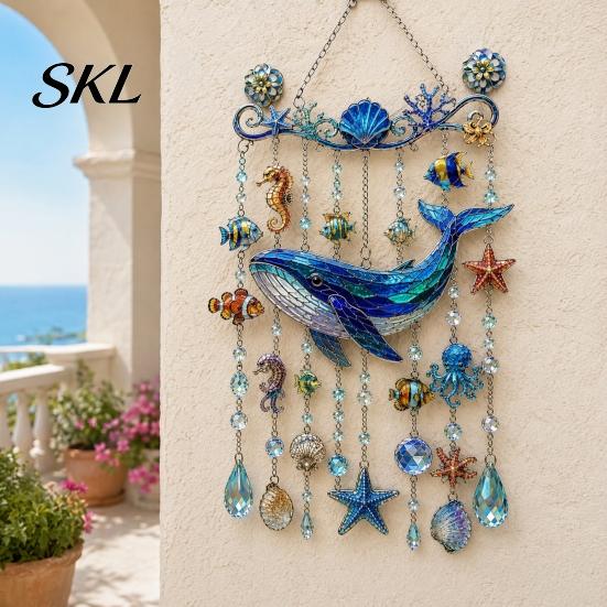 Crystal Bead Hanging Ornament Ocean Animal Acrylic Window Hanging, Stained Glass Style Sea Turtle Whale Dolphin Suncatcher Waterproof Wind Chime with