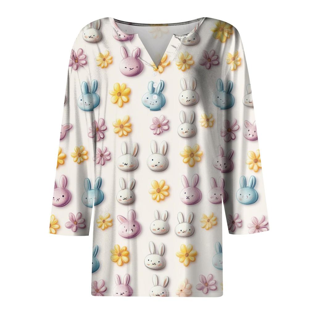 Жен. Футболка Футболка С принтом Пуговицы Рукав 3/4 Повседневные Выходные Мода Классический V-образный вырез Обычный Топ