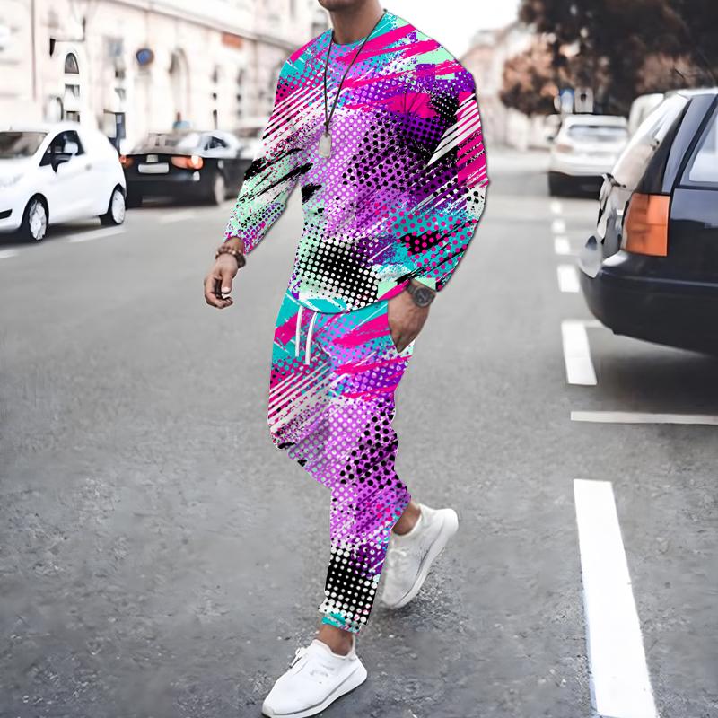 Spring Fall 3D Printed Square Graffiti Pattern Men's Long Sleeve Suit Fashion Casual Street O Collar Sweatshirt And Pants Suit