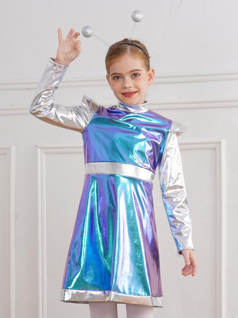 Костюм для косплея пришельцев для маленьких девочек, костюм милашки из космоса, металлическое платье с обручем для волос, наряд астронавта на Хэллоуин