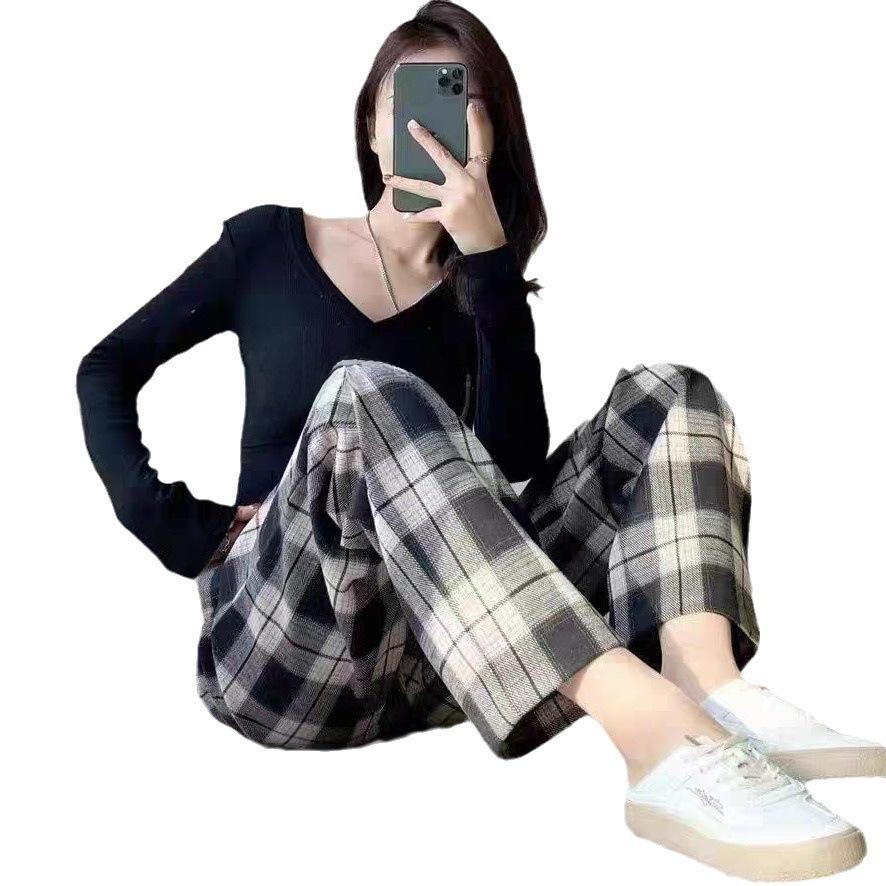 Women's Plaid Pajama Trousers: Comfortable, Loose-Fitting, Thin, Anti-Mosquito, Suitable for Home or Outdoor Wear with Wide Legs.