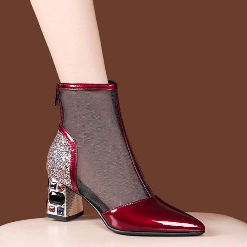 Новые сандалии в сетку для женщин на высоком каблуке, сапоги в сетку со стразами на толстом каблуке для женщин с полыми отверстиями, дышащая и универсальная мода