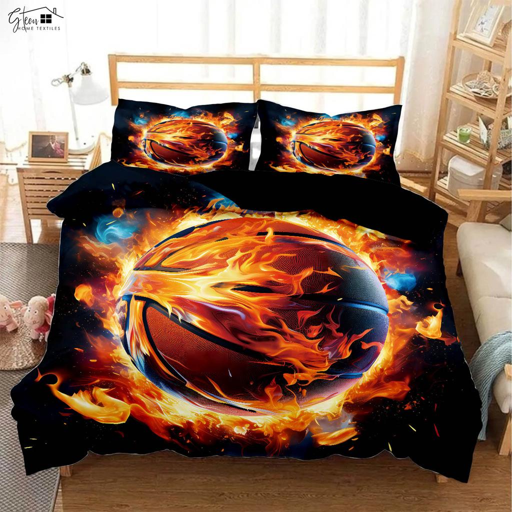 3D-печатное постельное белье с принтом "Огненный Череп и Баскетбол" Пододеяльник Наволочка Комплект из трех предметов Мягкий и удобный Пододеяльник