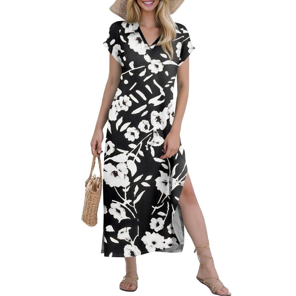 Женские повседневные удобные платья с V-образным вырезом, свободным подолом с разрезом, короткими рукавами, с цветочным принтом, длинные