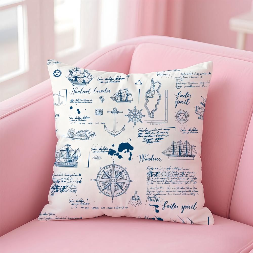 Ocean Blue Compass with Anchor Cushion Cover Pillow Case Soft Skin Friendly Fabric Concealed Zipper