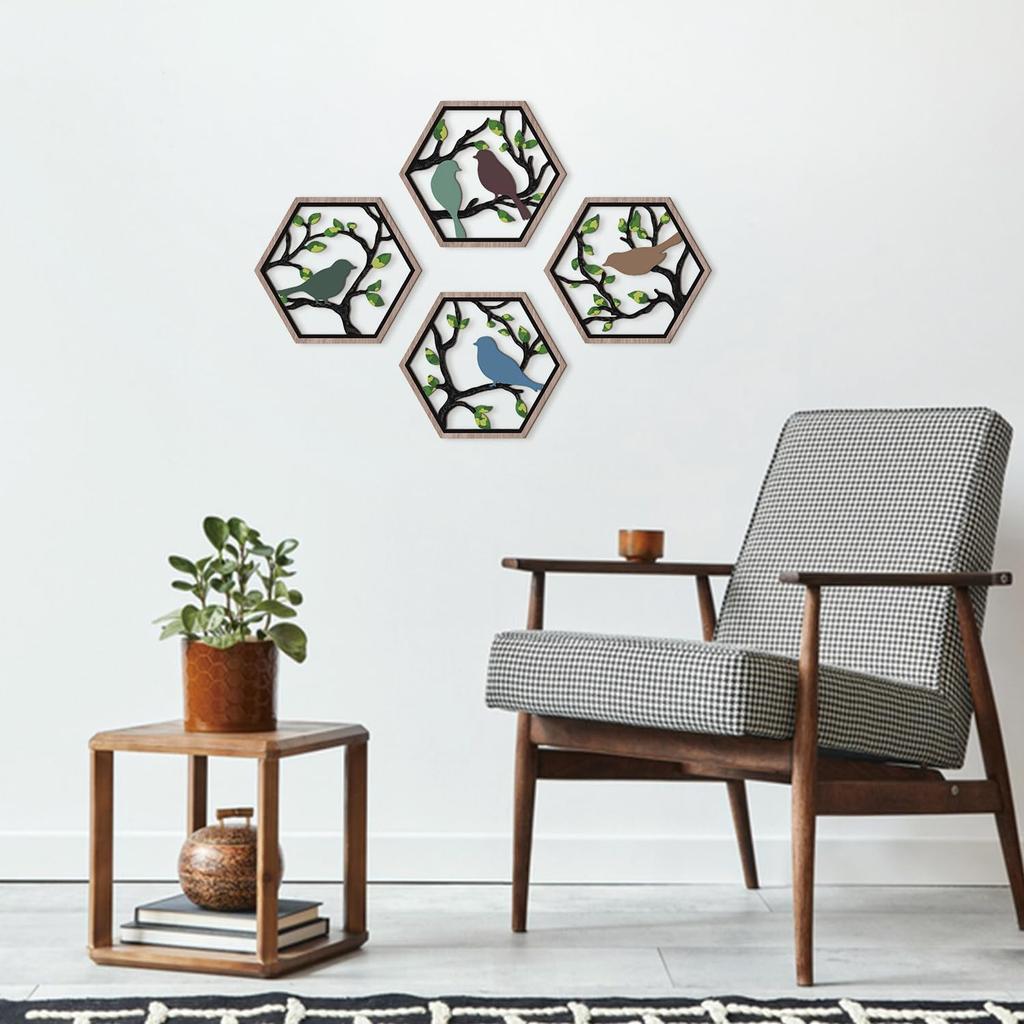 CHDITB 4Pcs Wooden Bird on Birch Tree Branch Wall Art, Boho Modern Green Leaves Silhouette Bird Laser Cut Artwork, Rustic Farmhouse Nature Wall