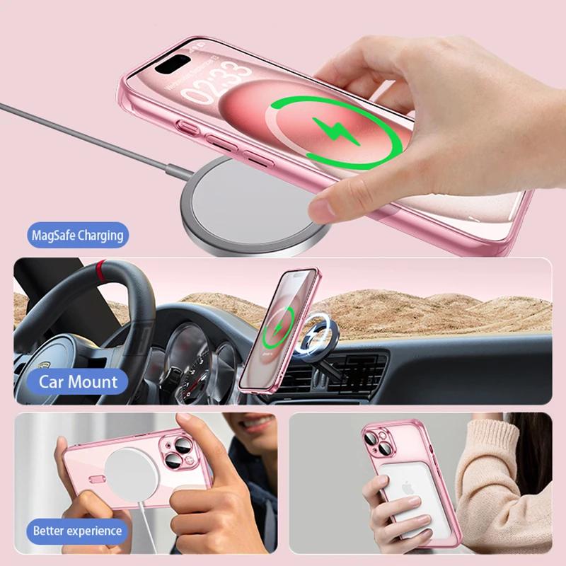 Прозрачный ультратонкий силиконовый чехол с покрытием для iPhone 16 15 14 13 12 11 Pro Max 16 Plus Magsafe Magnetic Lens Film Protective Cover Pink