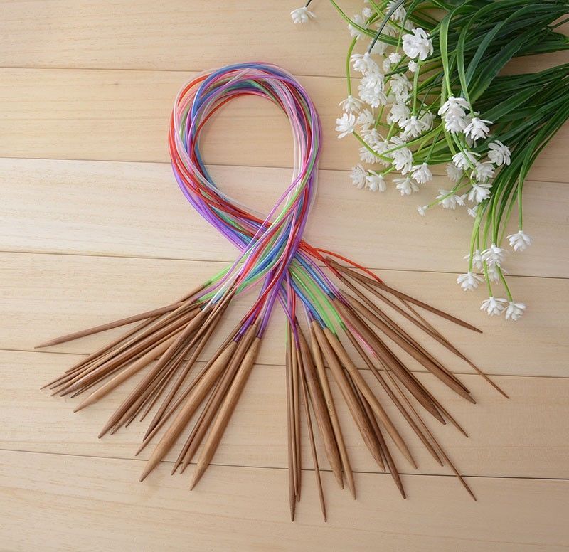 18 шт./набор Круглые бамбуковые спицы для вязания Набор 2-10 мм Деревянные спицы для вязания с цветной пластиковой трубкой Рукоделие