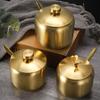 Useful Stainless Steel Sugar Bowl Gold Silver Large Capacity Seasoning Pot with Spoon Lid Durable Storage Jar Home