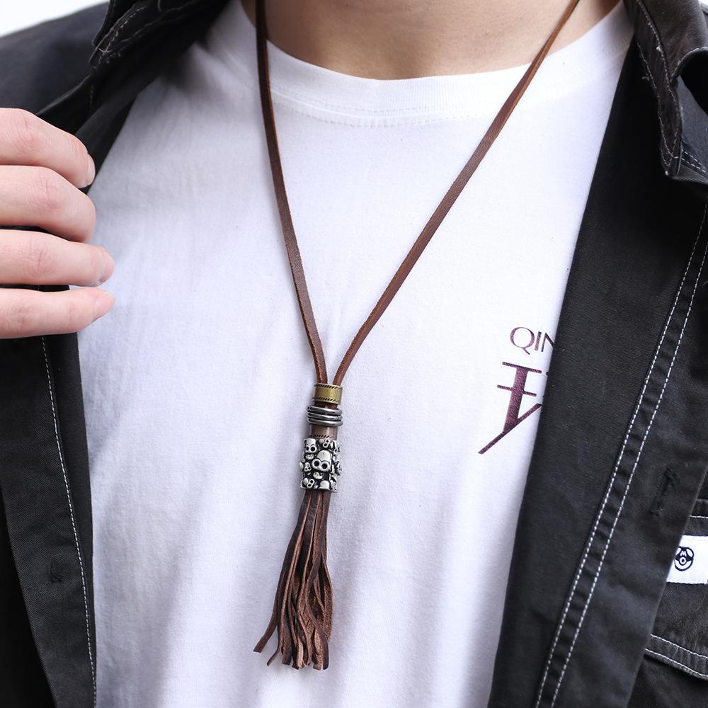 JMXD Vintage Leather Fringe Skull Multi-Strand Long Necklace Punk Rock Statement Charm Fashion Accessory Unisex
