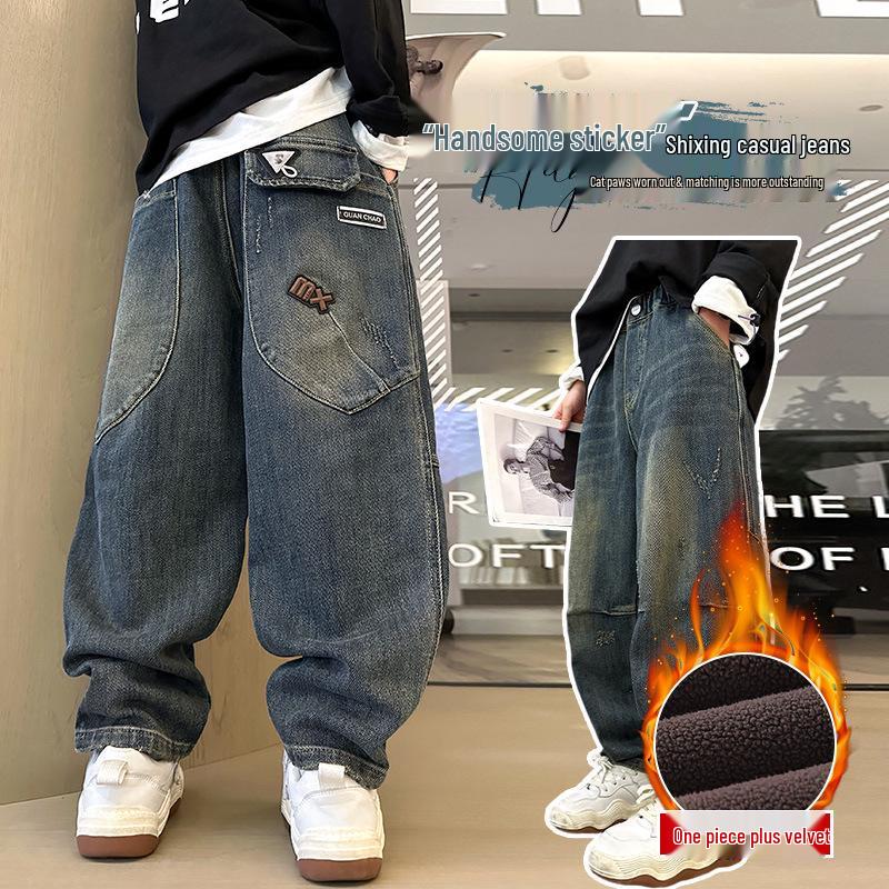 Детские зимние джинсы с толстой флисовой подкладкой - Теплые хлопковые брюки для детей среднего и старшего возраста (Коллекция 2025 г.)