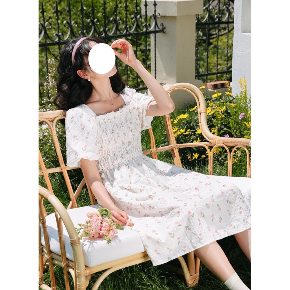 Платье с рукавами-буфами для девочек, летнее новое, для учениц средней и старшей школы, милое цветочное платье принцессы, средней длины, новое