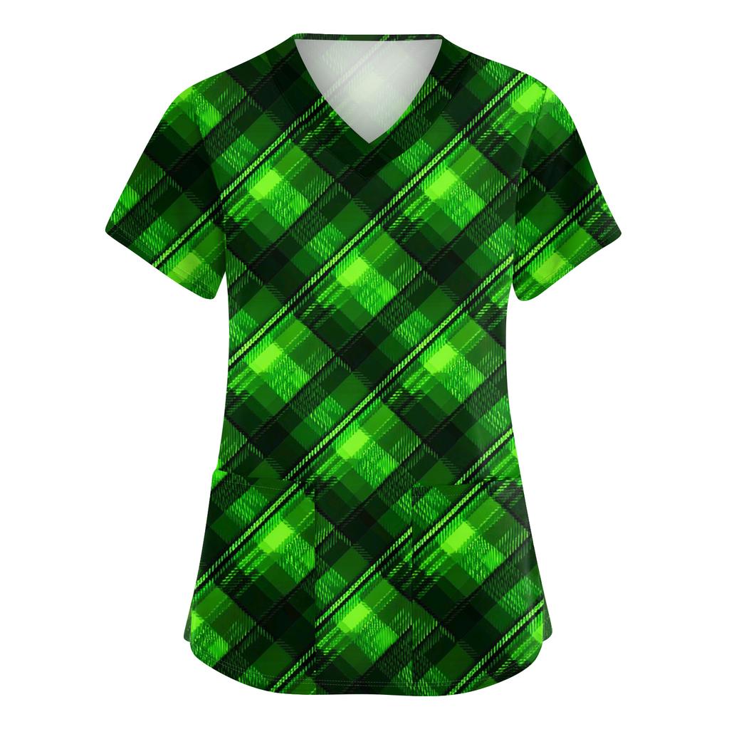 Женский модный рабочий топ с V-образным вырезом, принтом, короткими рукавами, карманом, боковым разрезом, базовый пуловер