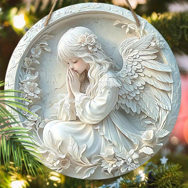 2D Flat White Winged Angel Wooden Wall Art, Angel Prayer Wreath Hanging Decor for Home/Church, Elegant Angel Ornament for Door, Window, or Room