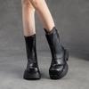 Johnature Genuine Leather Mid-calf Boots Retro Commuter Side Zipper Thick Heel Thick Bottom Women's Boots