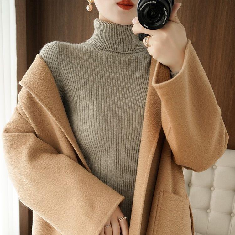 Женский свитер с высоким воротом на осень и зиму с пальто и вязаным свитером внутри, новая облегающая рубашка, пуловер с длинными рукавами.