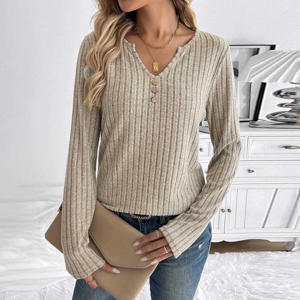 Повседневный трикотажный повседневный полосатый новый топ с V-образным вырезом и длинными рукавами на пуговицах для женщин