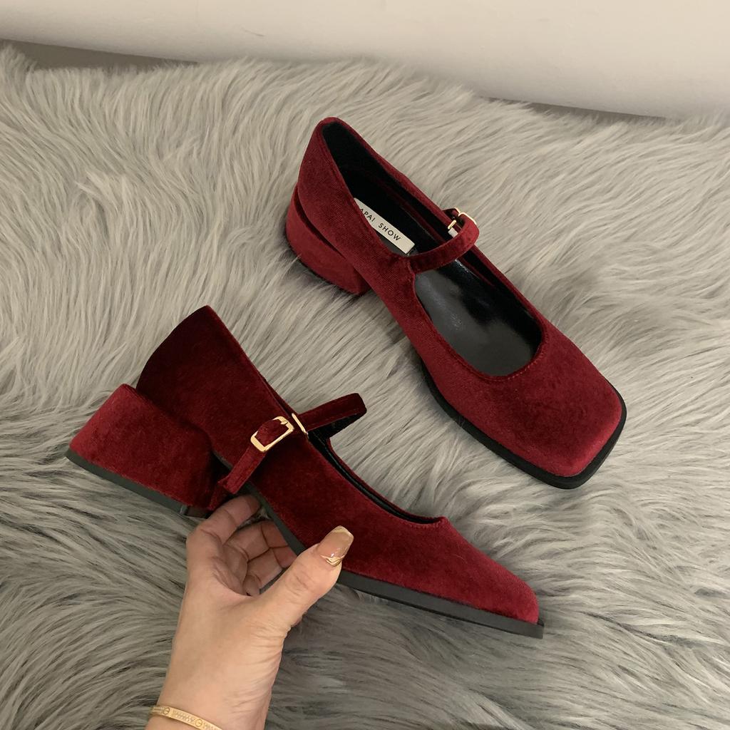 Французские винтажные бархатные туфли на высоком каблуке, толстые каблуки, женские туфли Мэри Джейн, маленькие кожаные туфли, свадебные туфли для женщин, Zapatos De Mujer