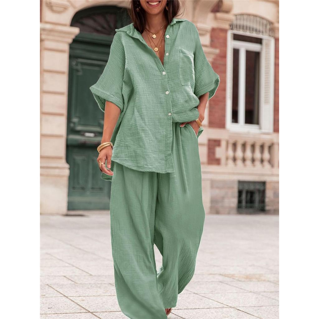 Women's Casual Sets Summer Cotton and Linen Short-sleeved Lapel Shirt Straight Trousers Two-piece Set