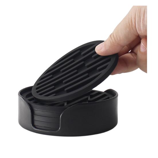 6Pcs Silicone Coasters Set with Holder Non-Slip Cup Mat Drinks Desk Home Decor Tabletop Protection Round Hot Cold Drink Coasters for Wood Glass