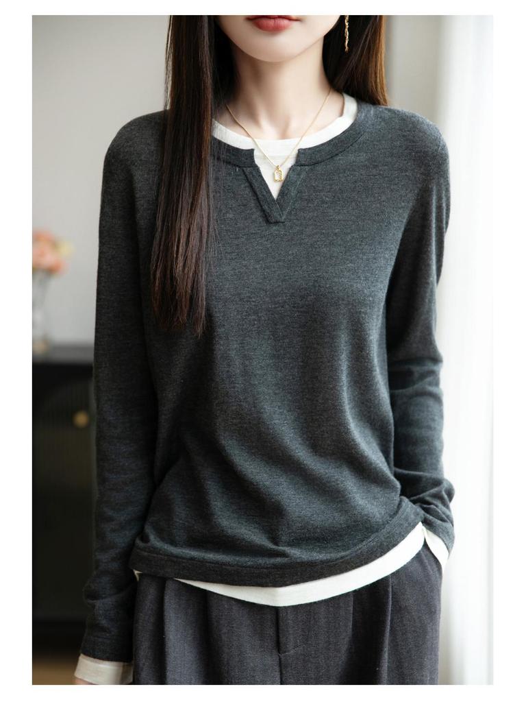 Женский осенне-зимний трикотажный пуловер с длинным рукавом, универсальный топ, имитация костюма-двойки с круглым вырезом