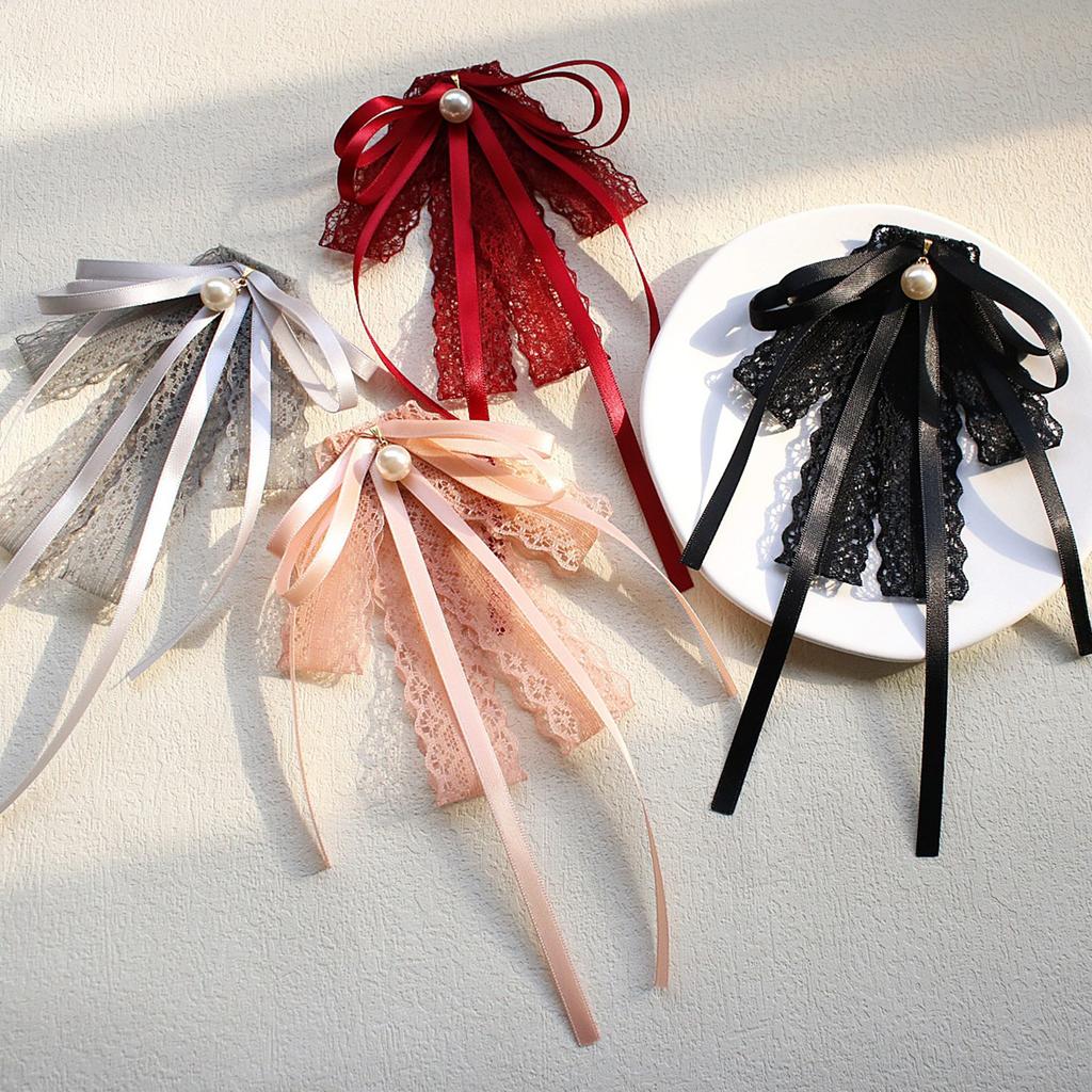 Womens Lace Ribbon Bowtie Brooch Pin Student JK Uniform Shirt Jabot Collar Pearl Pendant Pre-Tied Bowknot Necktie Clip