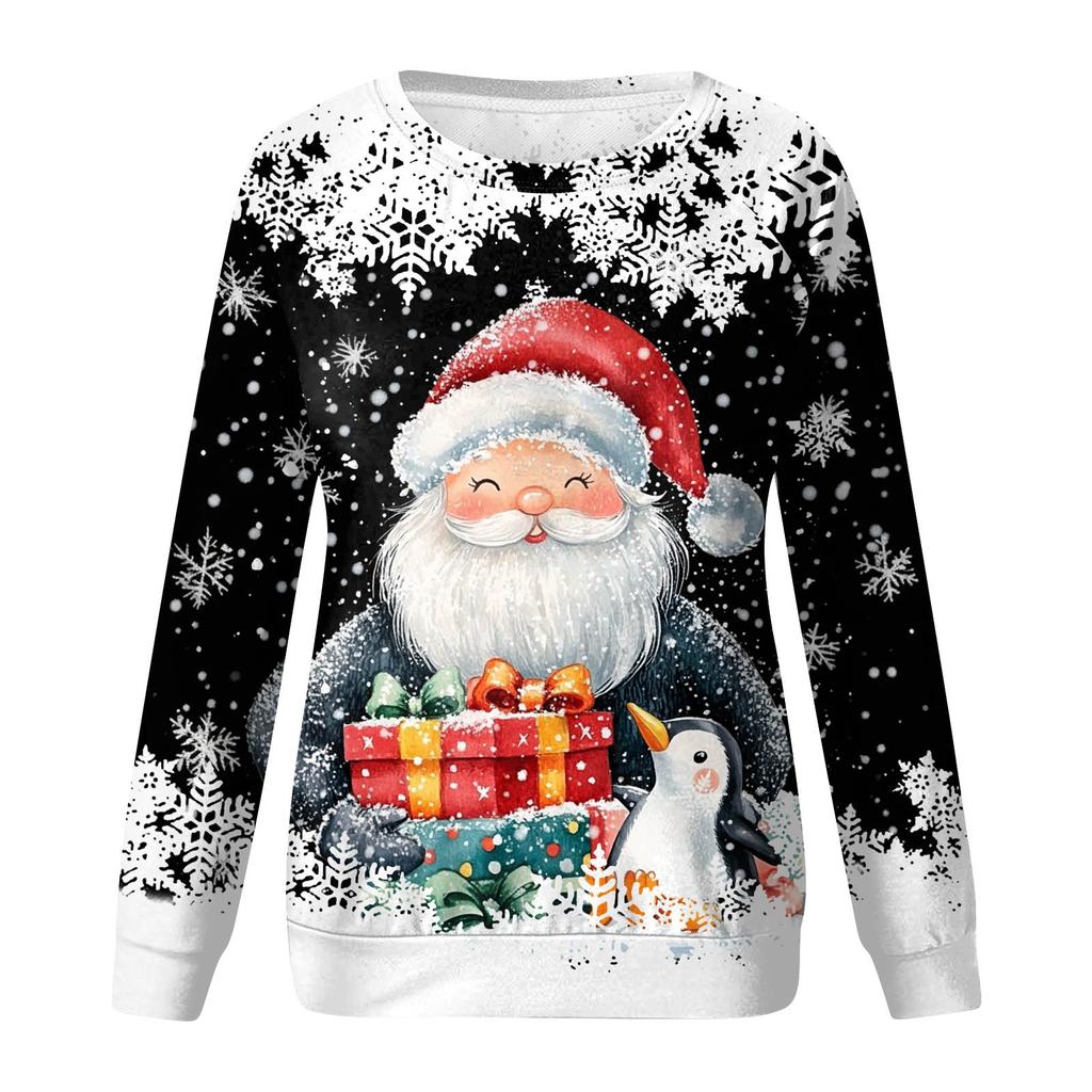 Women's Casual Fashion Christmas Print Long Sleeve Round Neck Pullover Top Blouse Sweatshirt