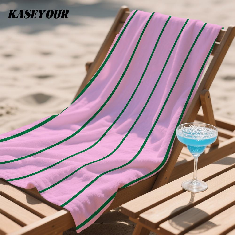 Pink Green Stripes Oversized Microfiber Beach Towel Sand Proof Quick Dry, Absorbent for Swimming Pool Travel Camping