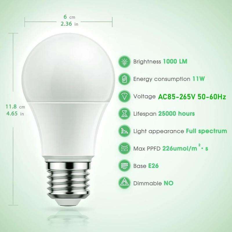 2 шт. Лампа для выращивания полного спектра A19 11 Вт E26 Лампы для выращивания для комнатных растений, цветов, теплиц, комнатных садов, гидропонных ламп
