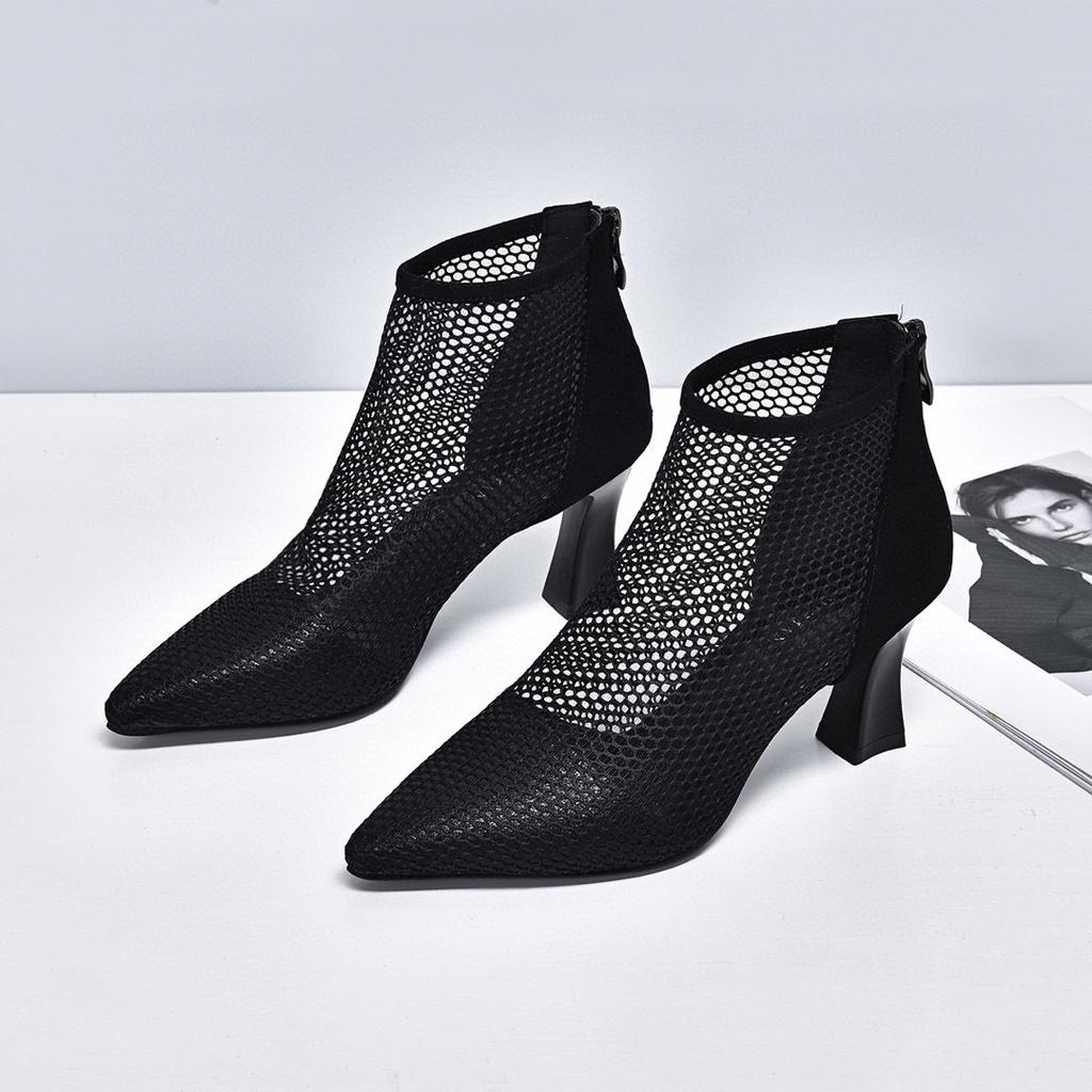 High Heels Women's 2025 Spring New Breathable Mesh Pointed Stiletto Women's Shoes Net Boots Rear Zipper Fashion Roman Boots