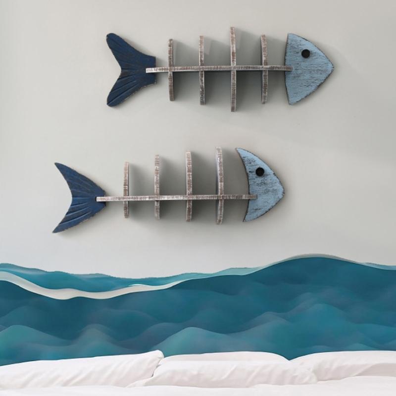 Фермерские дома Синее Дерево Рыба Настенное Искусство Подвесная Полка с Античной Отделкой для Дома у Озера Кабинет Ванная Комната Органайзеры для Хранения