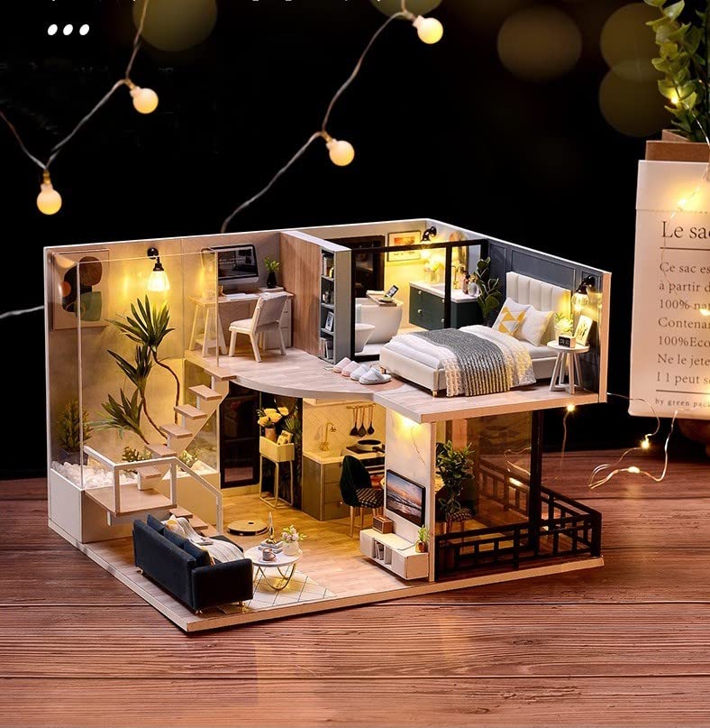 Dollhouse Beginner Miniature House Kit DIY Wooden Dollhouse Miniature Kit Beginner Dollhouse Handmade Kit Dustproof Cover Included (Comfortable Time)